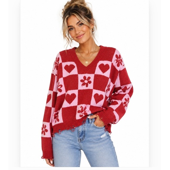 POL Sweaters - POL Heart & Floral Checkered V-Neck Sweater Medium Coquette